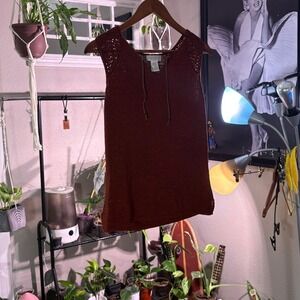 Worthington Women's Rust Red Knit V-Neck Sleeveless Tie Neck Top Large